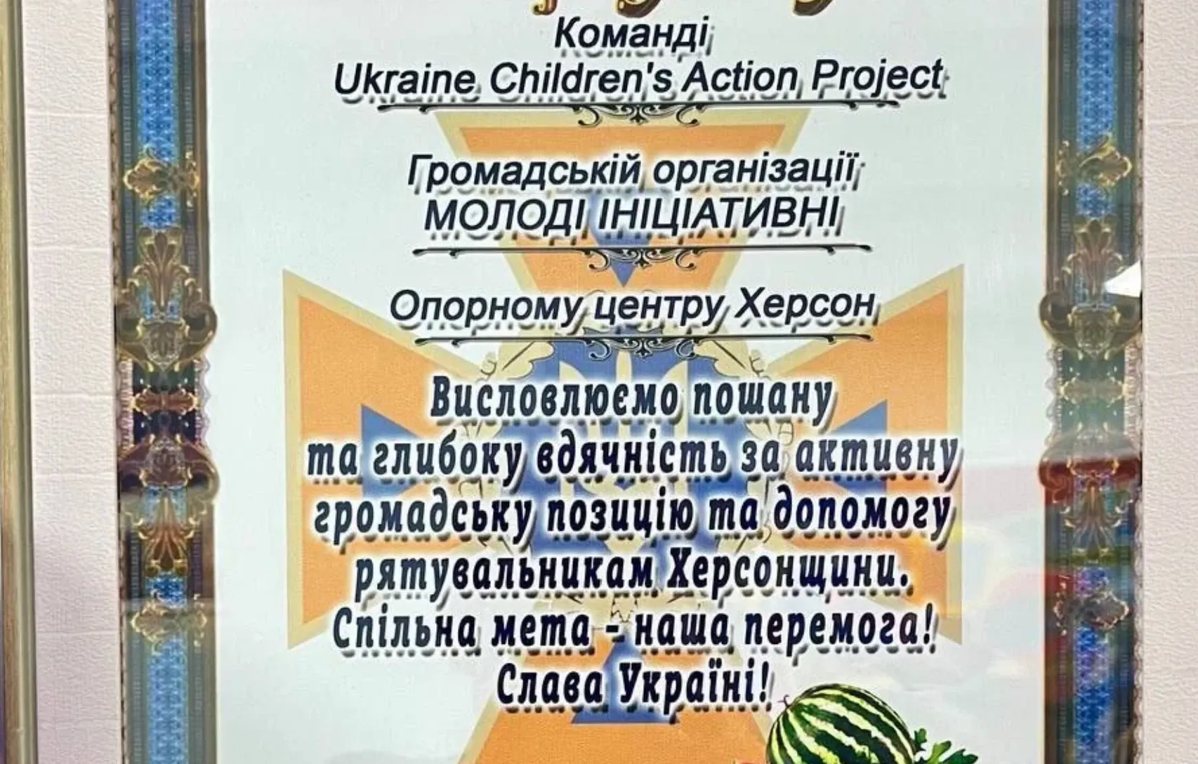 Подяка від ДСНС України у Херсонській області в рамці — за громадську позицію та допомогу рятувальникам Херсонщини.