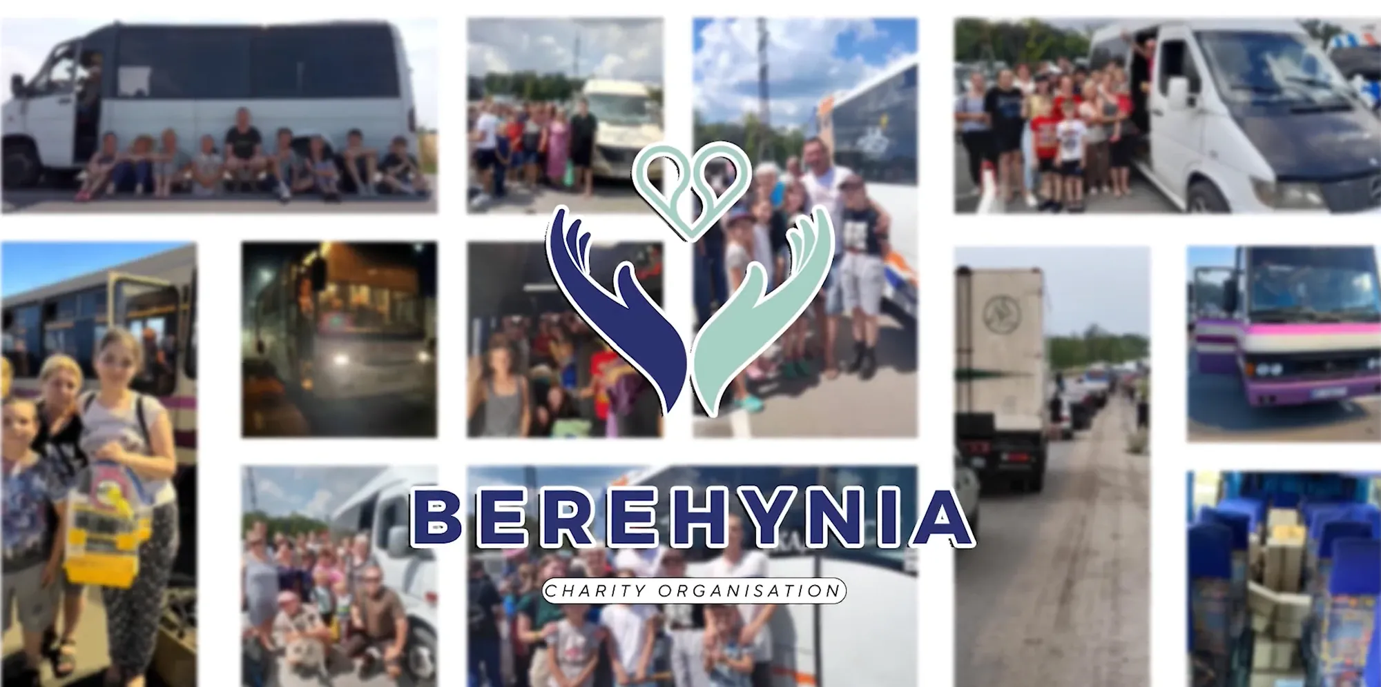 Колаж із фотографій евакуації — автобуси й мікроавтобуси, групи людей із речами — під логотипом благодійної організації «BEREHYNIA».
